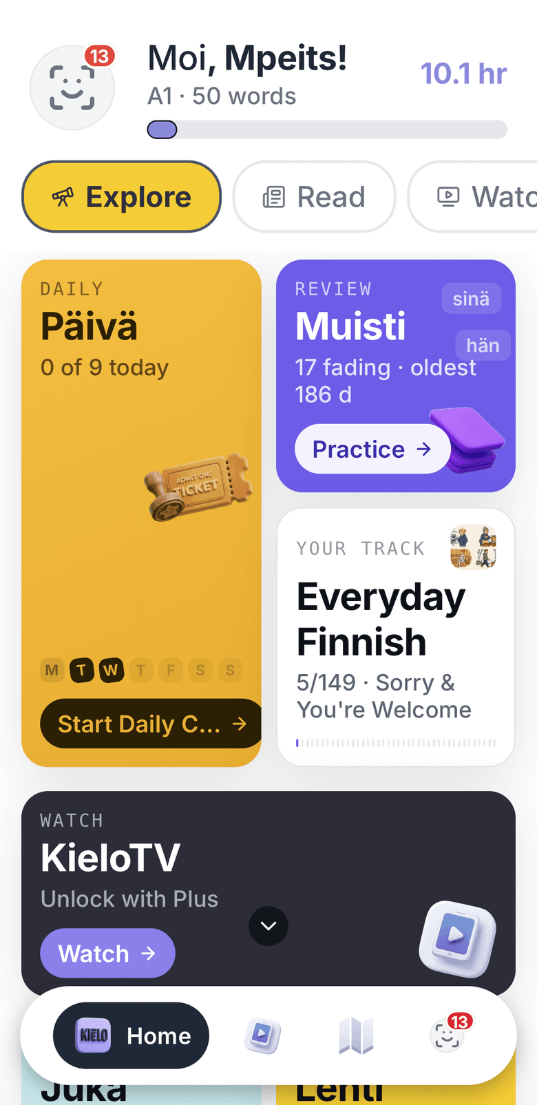 Kielo home screen with the daily plan, review and the Everyday Finnish course