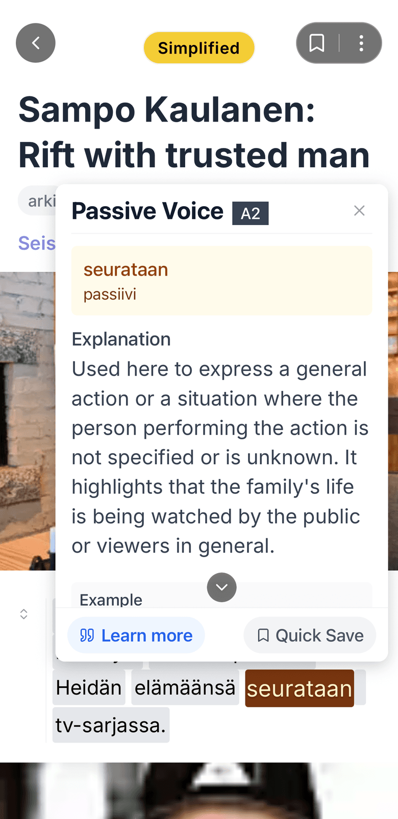 Kielo reader showing a Finnish news story with the passive voice explained