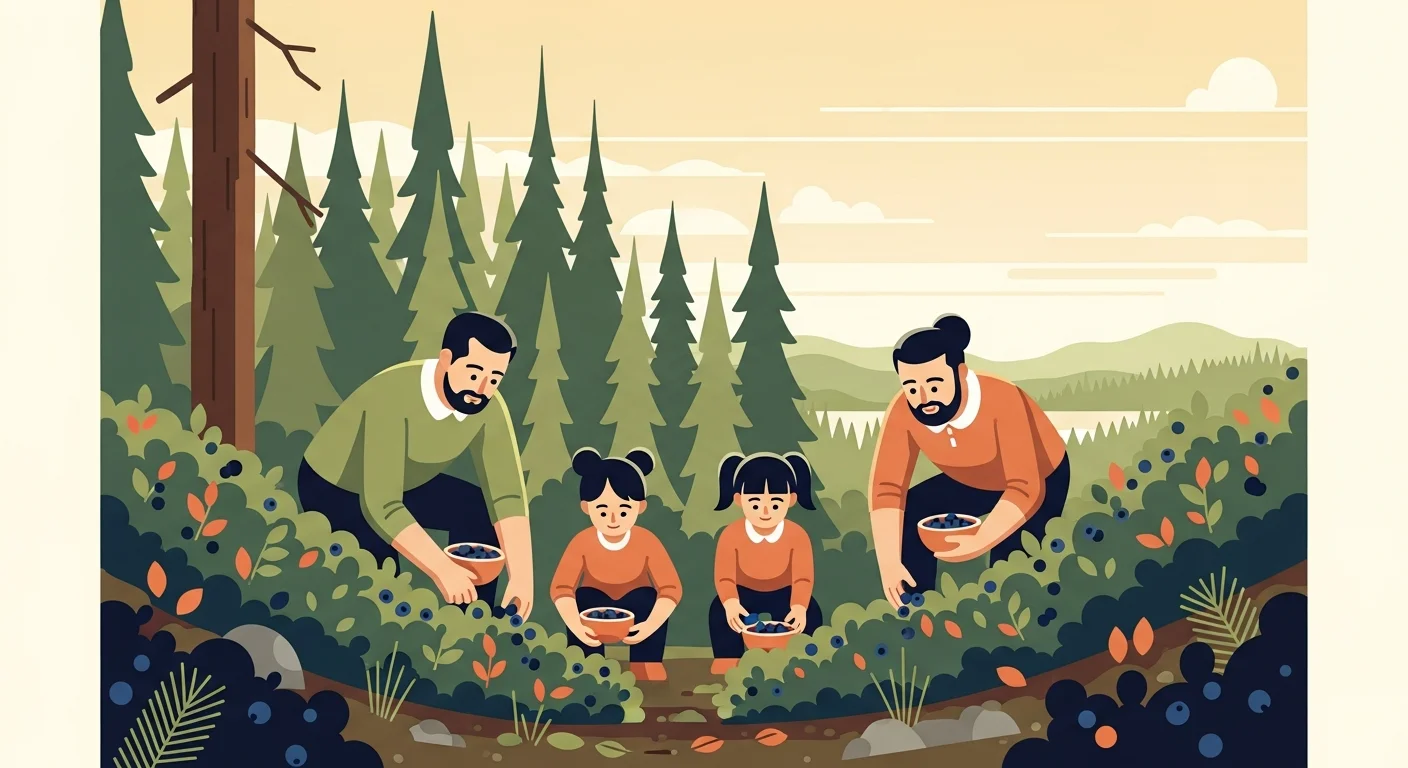 Family berry picking during Mustikka-aika in Finland