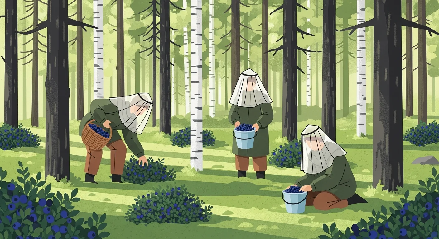 Finnish family enjoying berry picking in a forest, with buckets full of blueberries, wearing mosquito nets