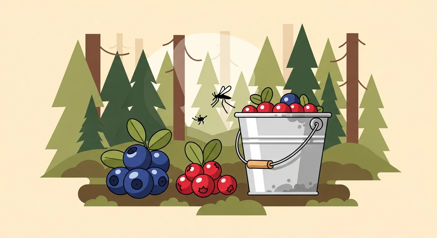 Educational flashcard-style illustration related to berry picking vocabulary, including berries, bucket, forest, mosquito, etc.