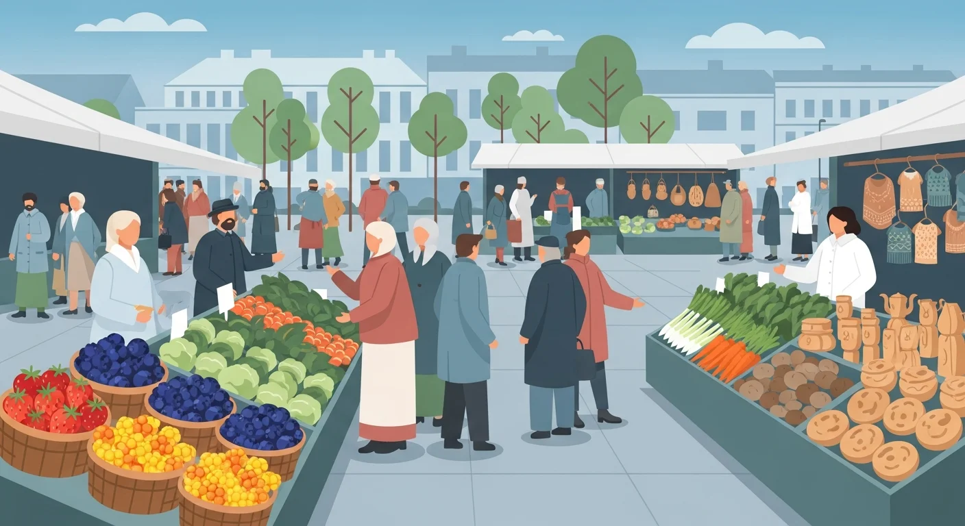 A bustling Finnish market scene with vendors selling fresh berries, vegetables, and handicrafts. People are chatting and enjoying the atmosphere.