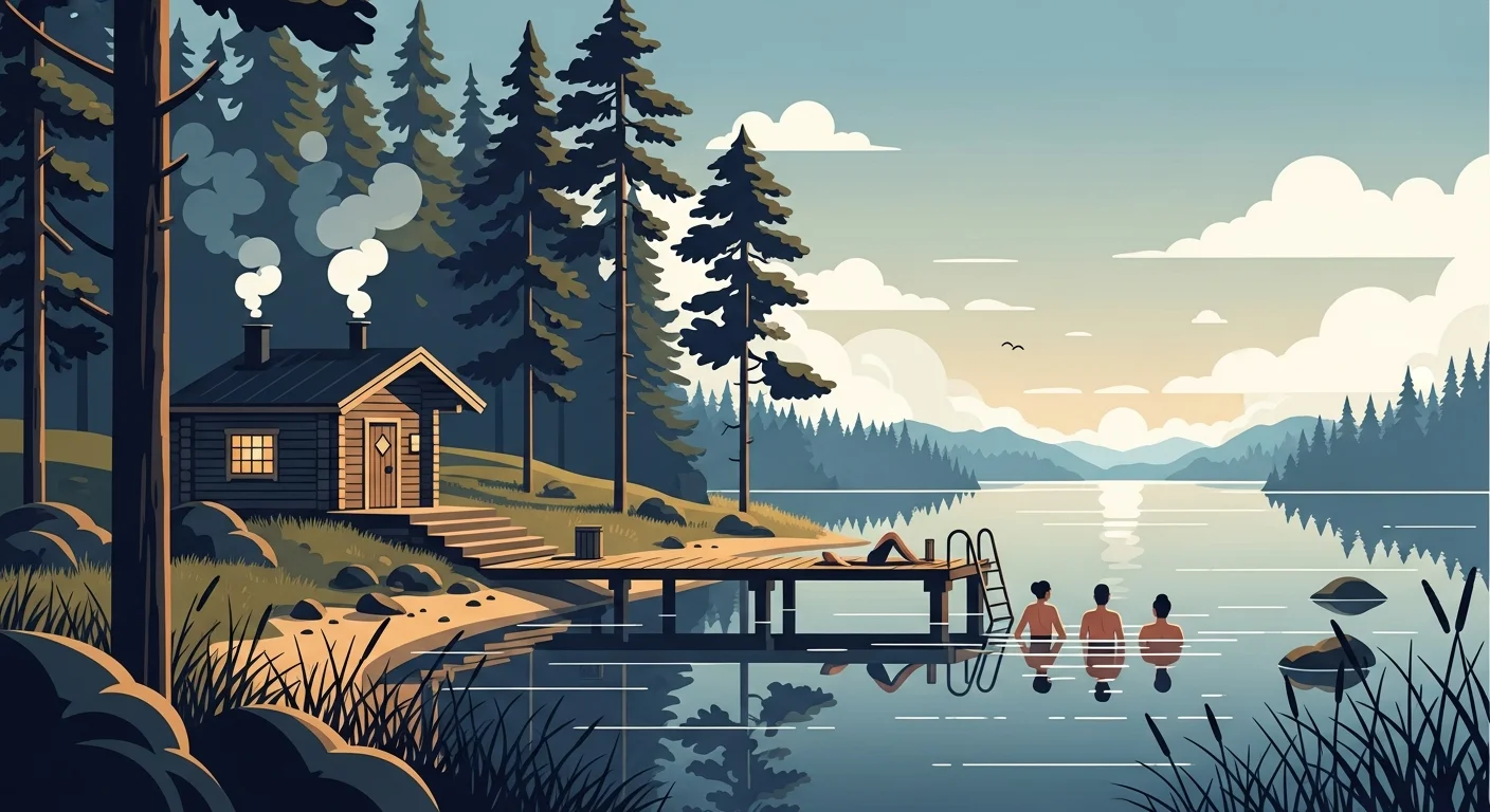 Finnish family enjoying a traditional lakeside sauna at their mökki, with a view of the calm water