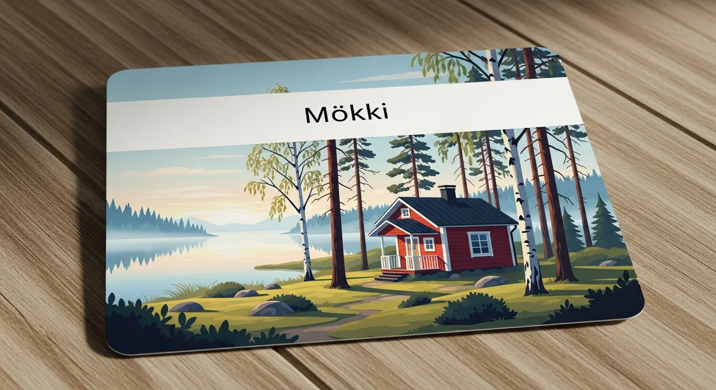 Illustration of a flashcard with the word "Mökki" and a picture of a small red cottage