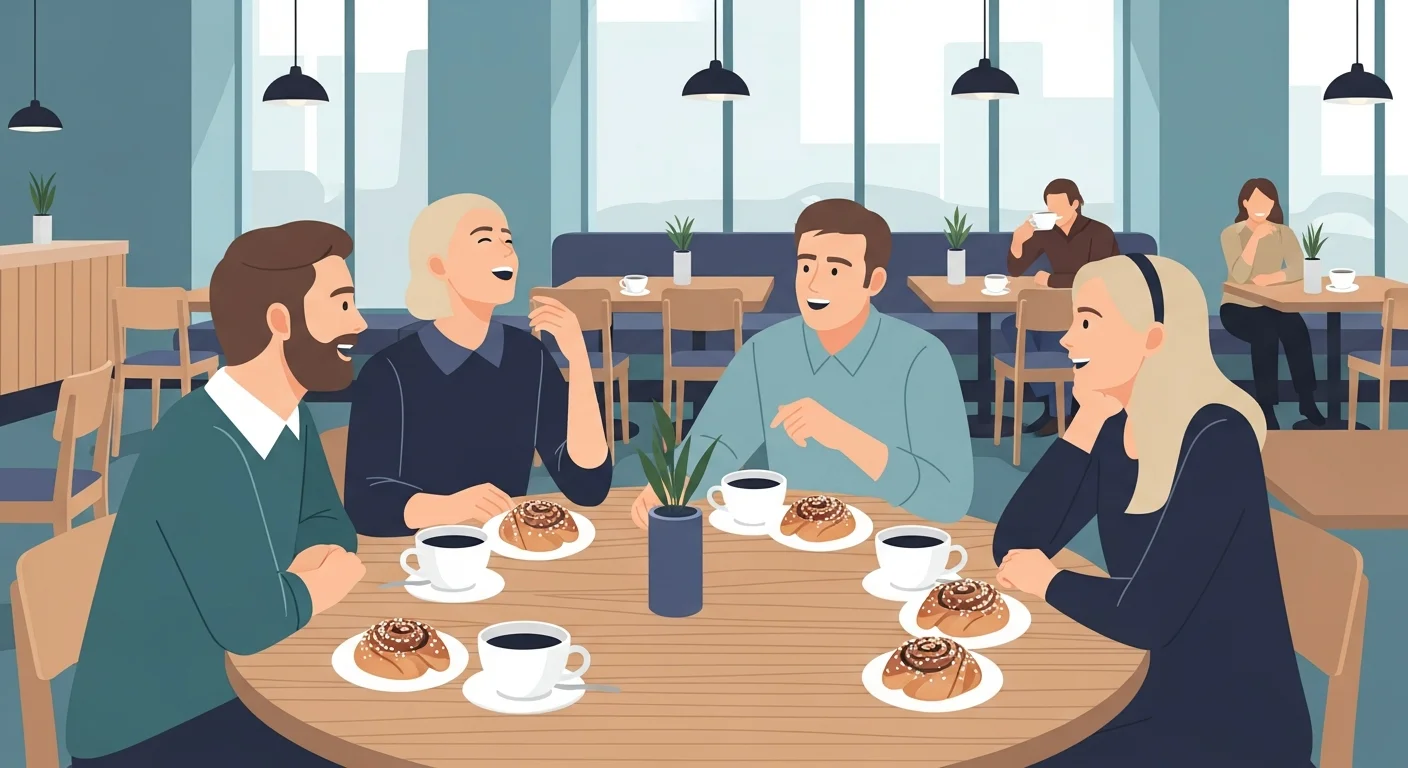 A group of Finns enjoying coffee and korvapuusti together in a modern cafe setting, laughing and talking.