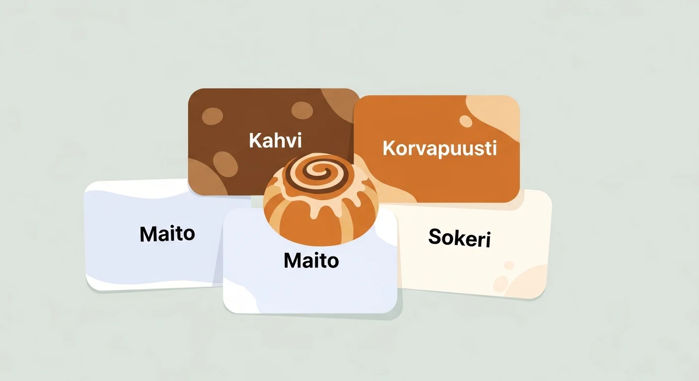 Colorful vocabulary flashcards showing the Finnish words "Kahvi", "Korvapuusti", "Maito", and "Sokeri".