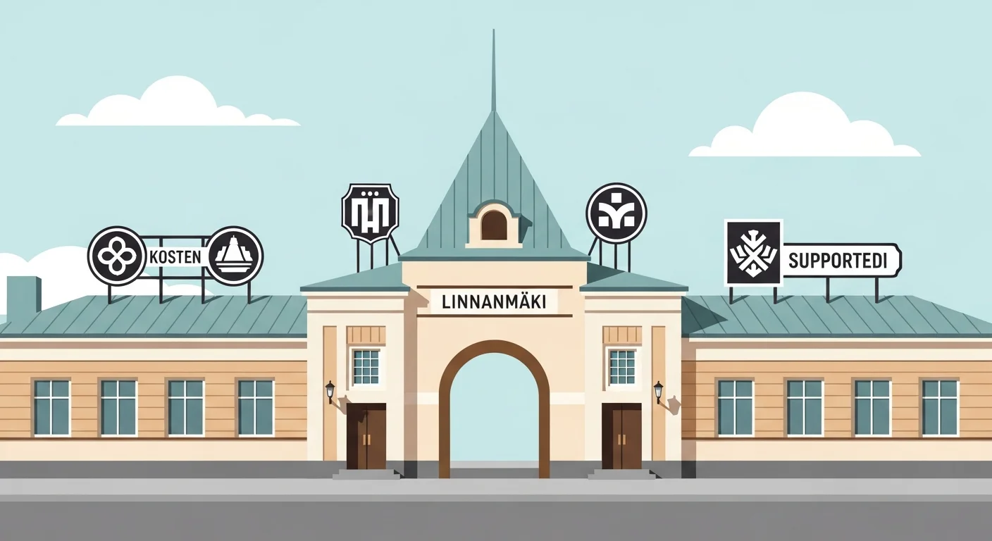 Illustration of Linnanmäki's original entrance in the 1950s, showcasing its historical charm and the logos of the child welfare organizations it supports.