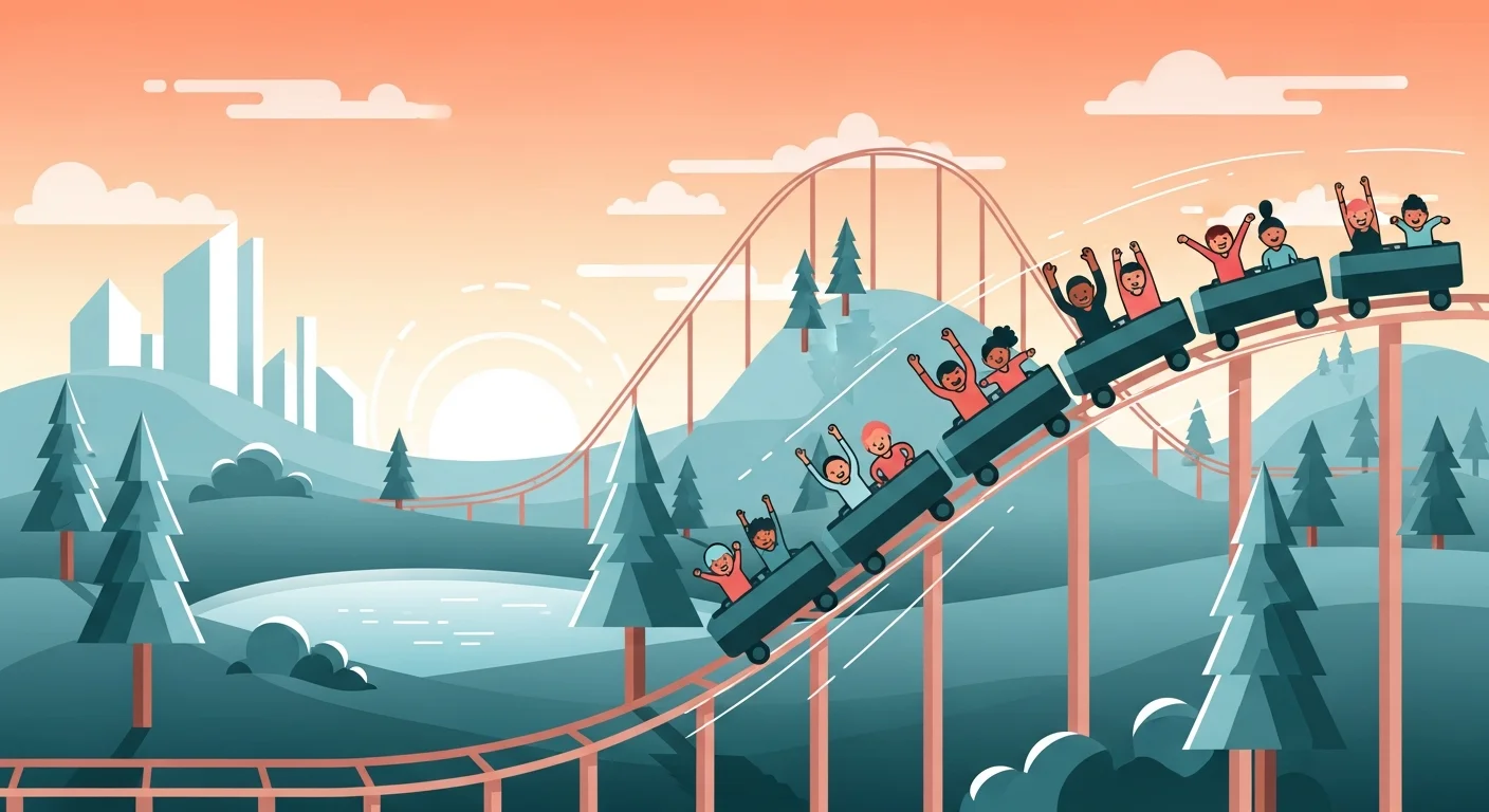 Illustration of cartoon characters on a rollercoaster with speech bubbles showing Finnish phrases like "Jes!" (Yes!) and "Vau!" (Wow!)
