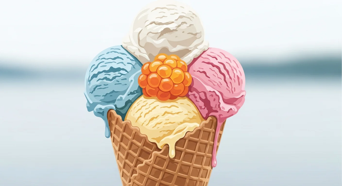Close-up illustration of a traditional Finnish ice cream cone with different flavors, emphasizing its deliciousness.