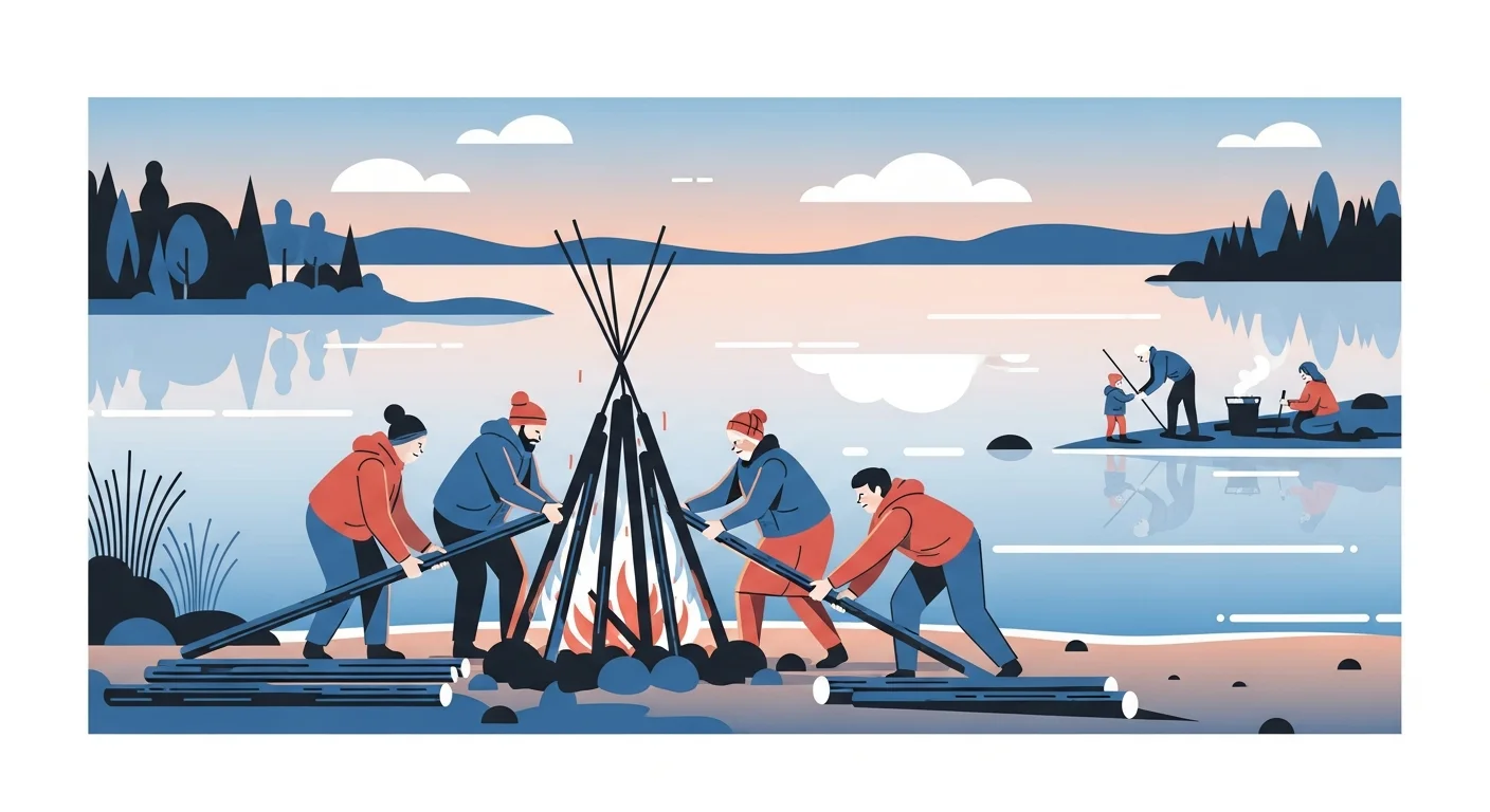 A group of Finns building a traditional kokko bonfire on a lakeside, with children playing nearby.