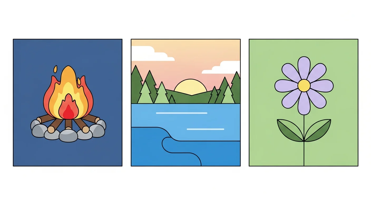 Educational flashcard-style illustration featuring Finnish words for bonfire, lake, and flower, with corresponding images.
