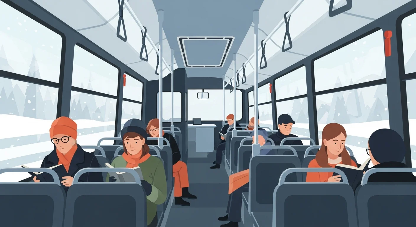 A clean and modern Finnish bus interior with passengers calmly reading or looking out the window. Snow is visible outside.