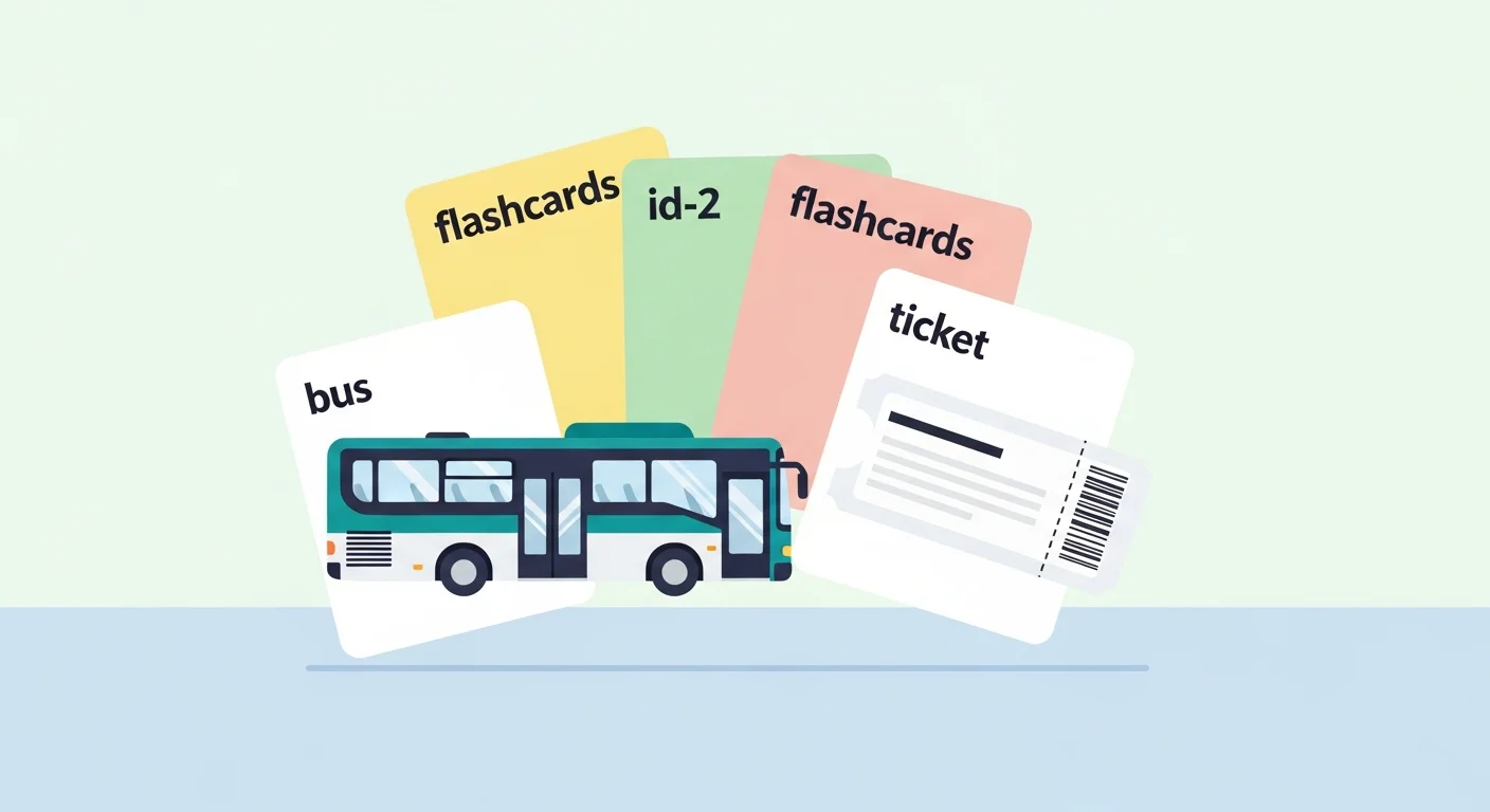 Flashcards with Finnish bus-related phrases and vocabulary, with illustrations of a bus, a ticket, and a timetable.