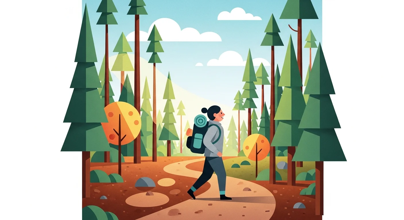 Illustration of a Finnish person happily hiking through a forest with a backpack, enjoying the scenery