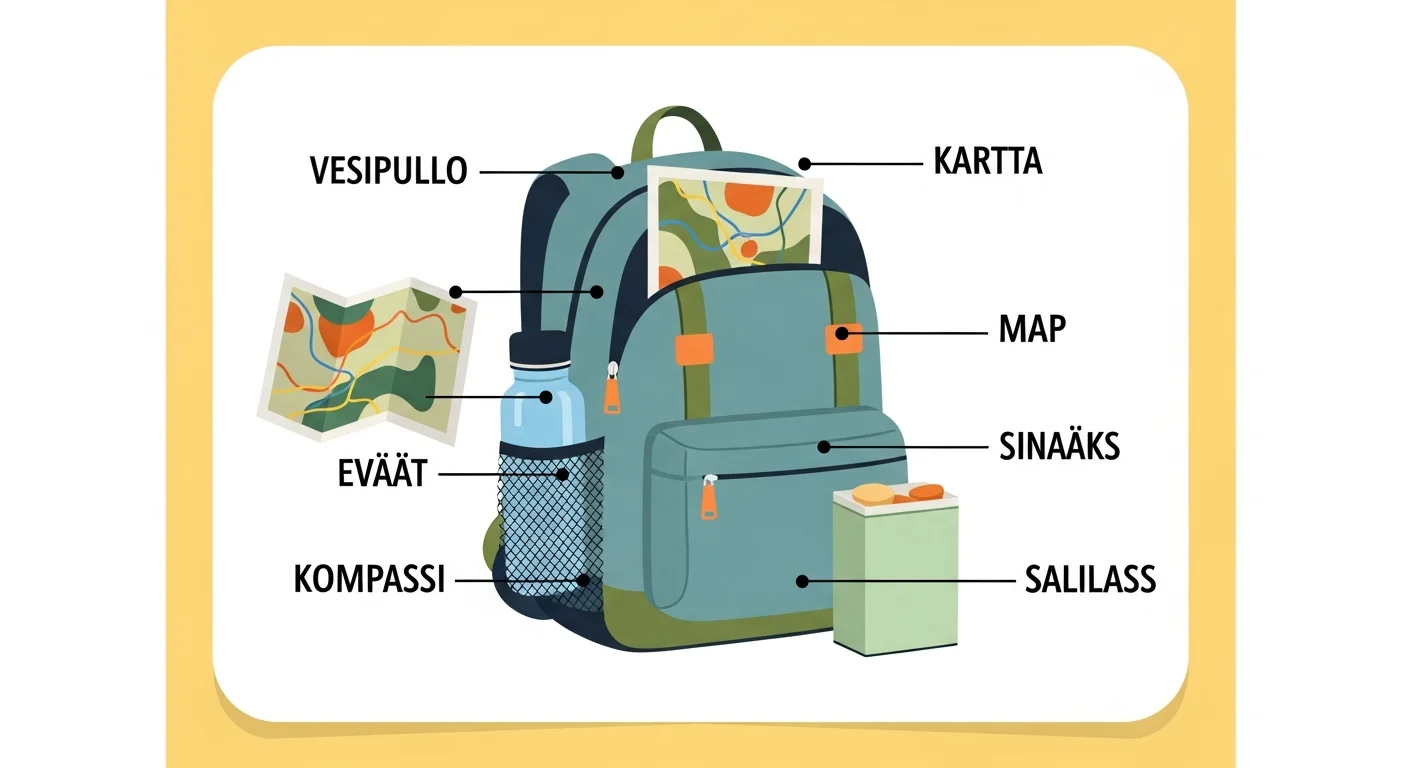 Illustration of a colorful flashcard showing a backpack with labels in Finnish for different items like "vesipullo" (water bottle), "kartta" (map), "eväät" (snacks)