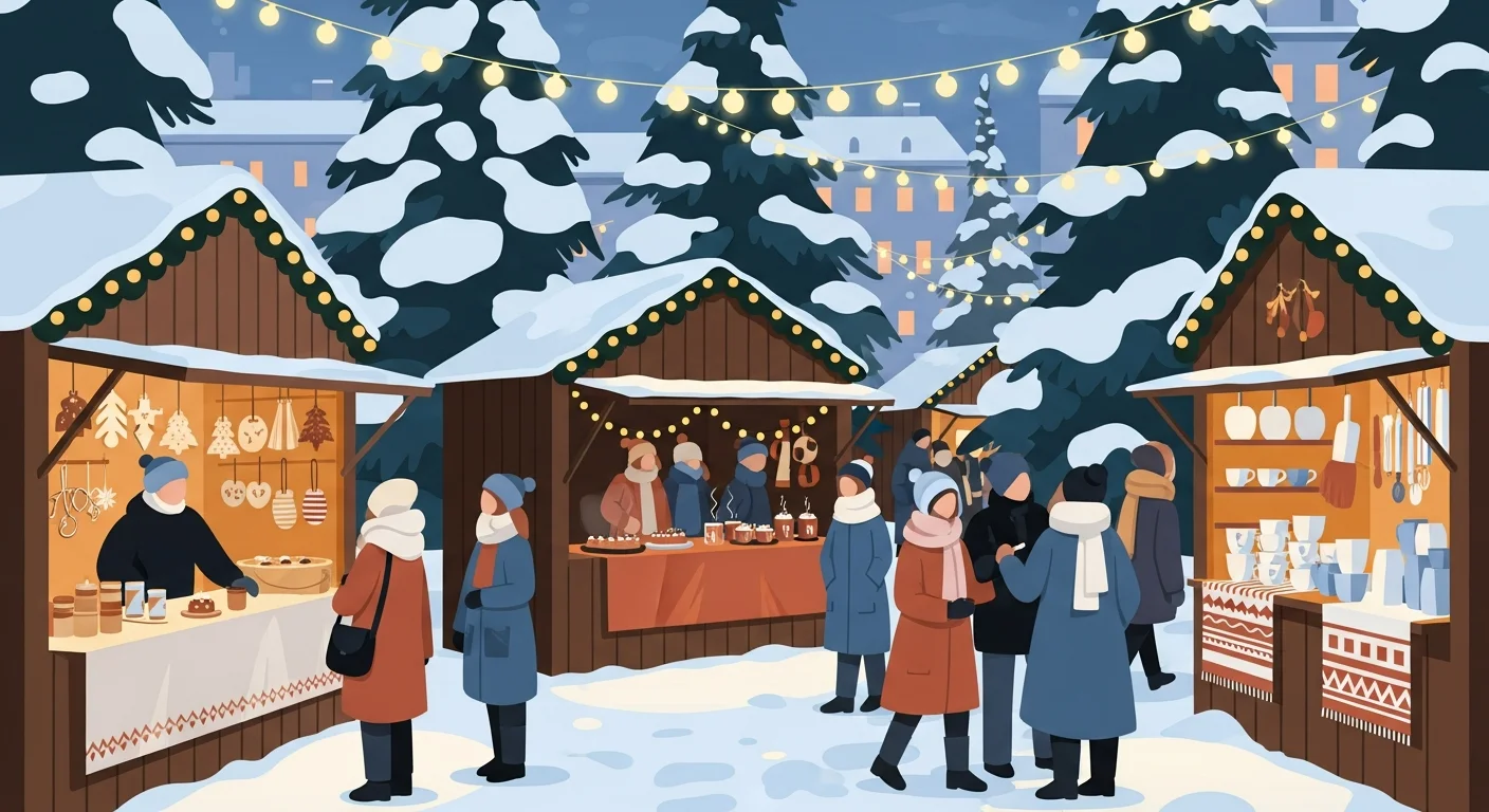 A bustling Finnish Christmas market scene with stalls selling crafts, food, and drinks, and people bundled up in warm clothing