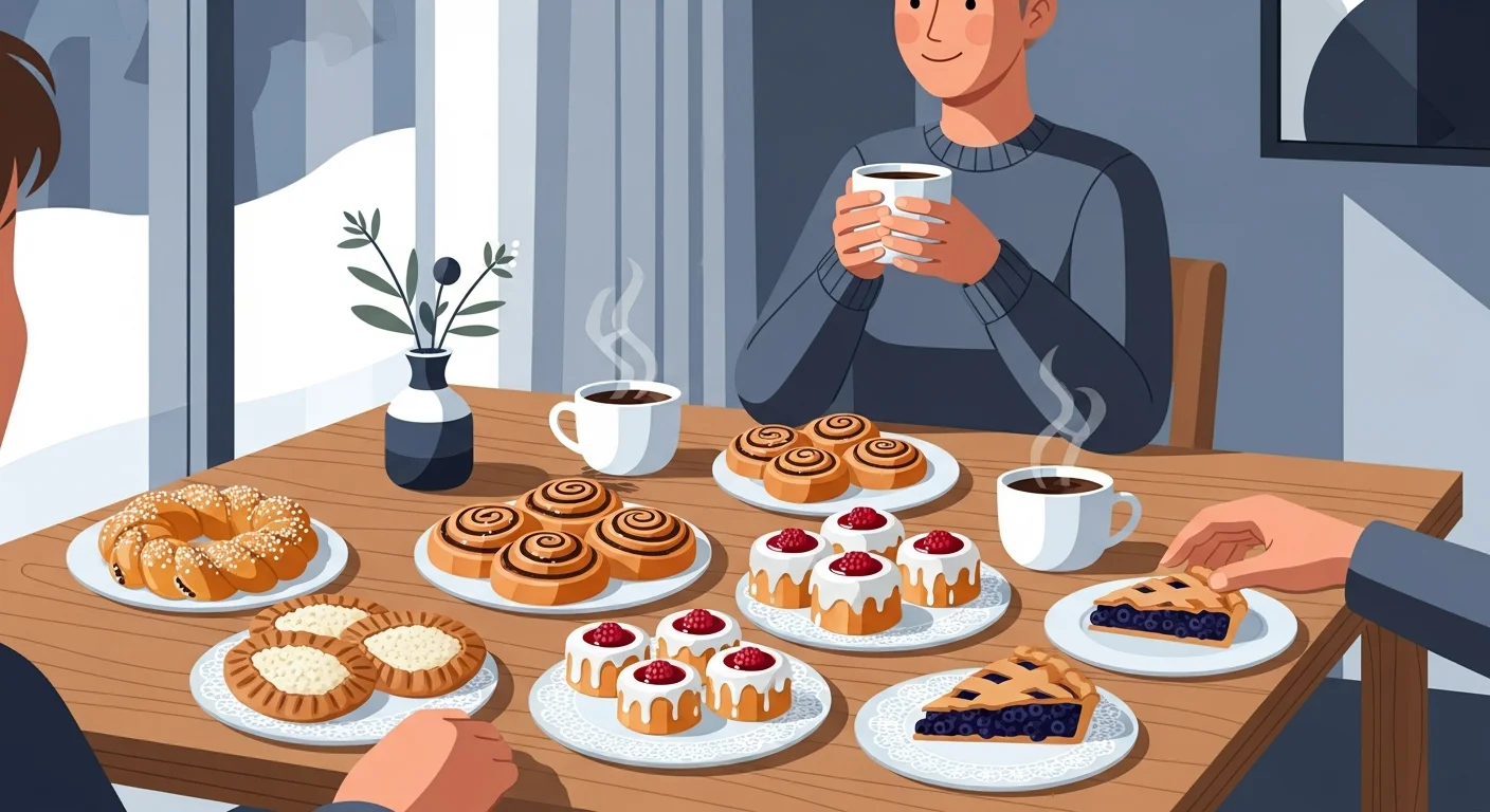 Finns enjoying coffee and pastries in a cozy home setting, showcasing a variety of traditional Finnish treats