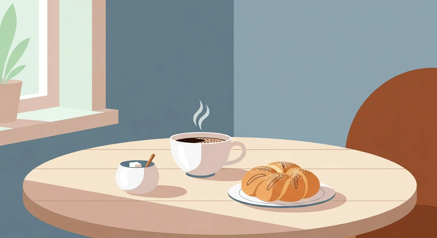 Flashcard illustration showing Finnish coffee-related vocabulary: kahvi, pulla, kuppi, soker