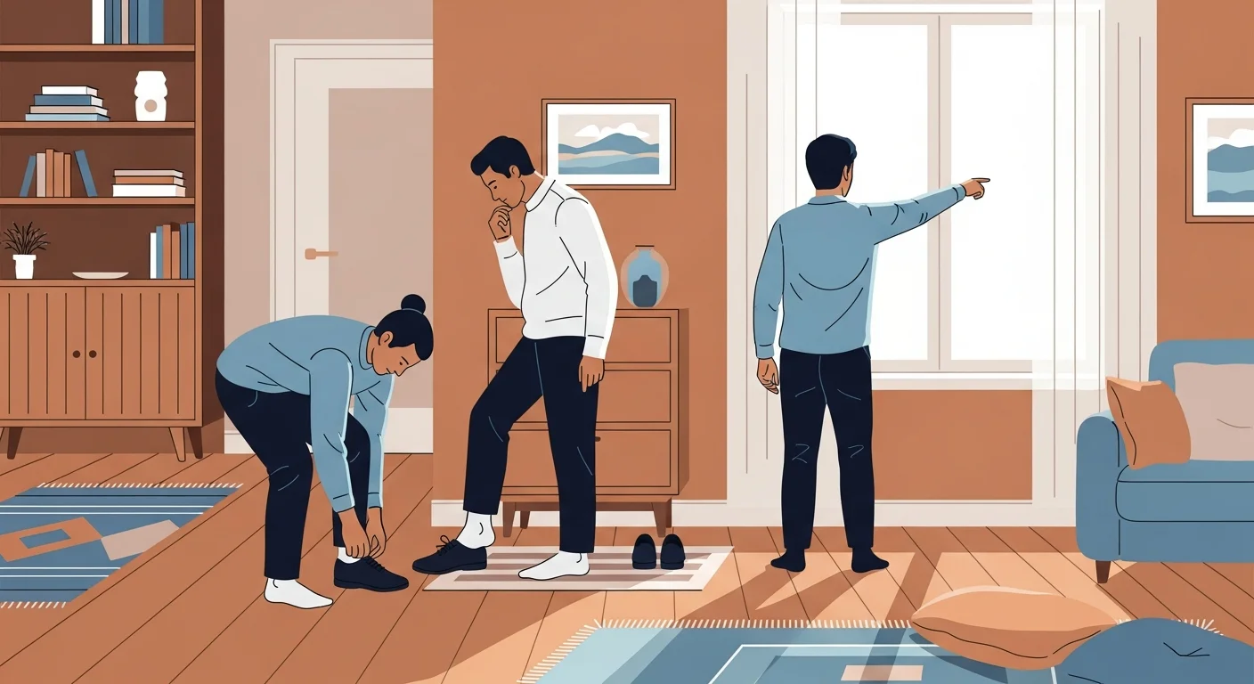 Guests taking off their shoes inside a Finnish home, with a small child pointing excitedly.