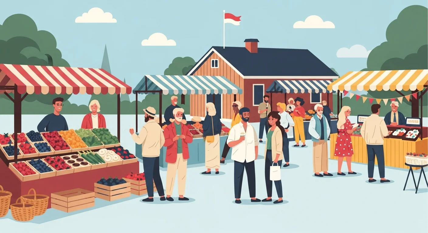 A wide shot of a bustling Finnish market in the summer, showing colorful stalls overflowing with berries and produce. People are interacting and enjoying the atmosphere.