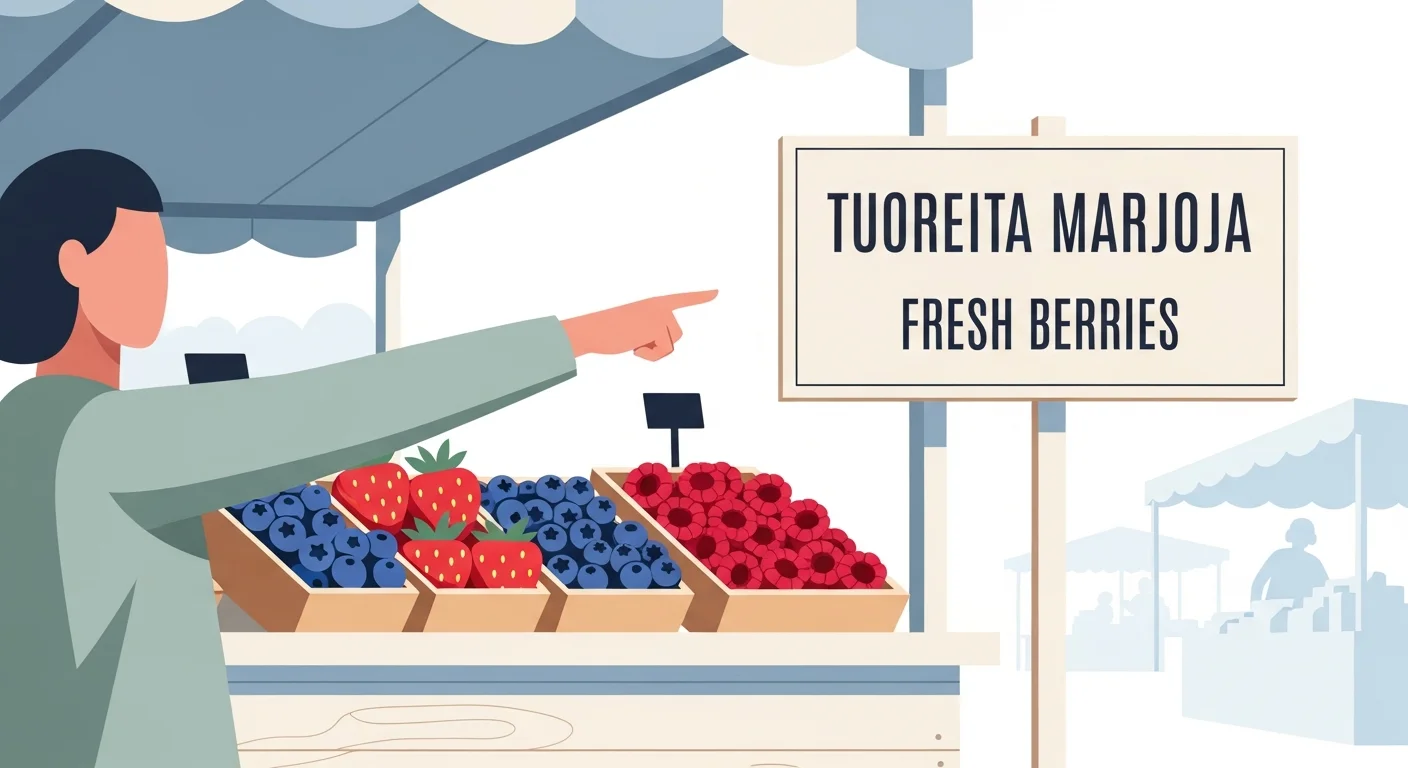Educational illustration of a person pointing to a sign at a market stall that says "Tuoreita Marjoja" (Fresh Berries), with Finnish and English translations below