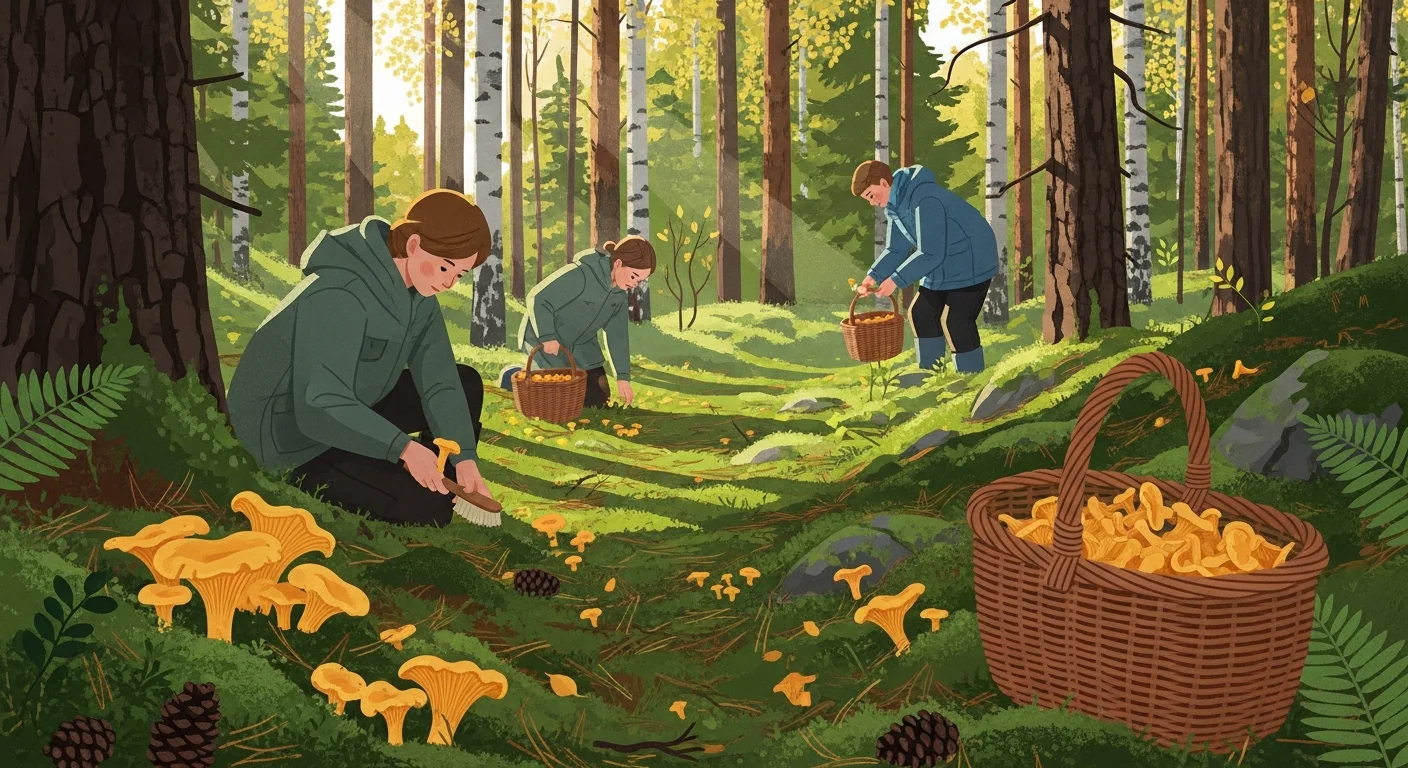A Finnish family happily picking mushrooms in a sun-dappled forest, showing baskets filled with chanterelles