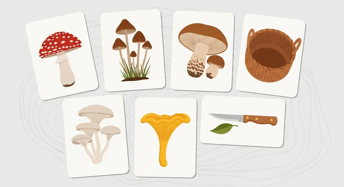 Vocabulary flashcards with illustrations of various mushrooms and related items like a basket and knife