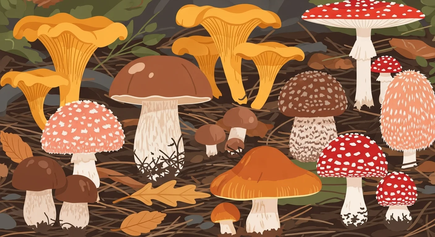 A close-up illustration of various edible and poisonous mushrooms, with clear labels.