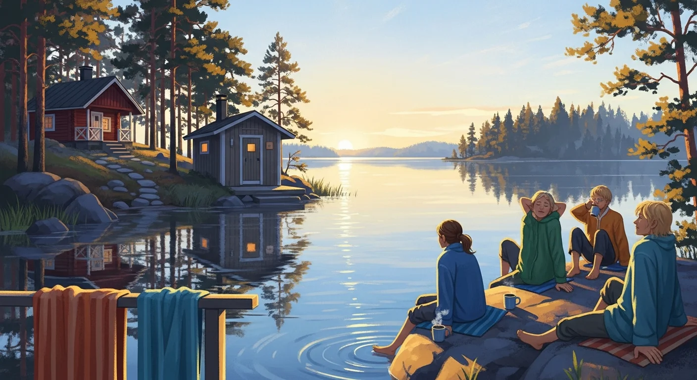 Finnish family relaxing by a lake at their summer cottage, with a sauna in the background