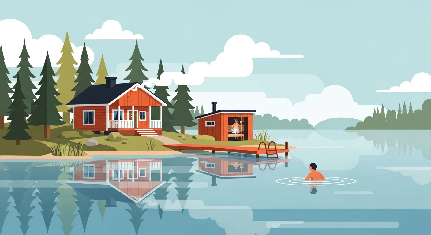 Educational flashcard-style illustration with Finnish words related to summer cottage life, such as "mökki", "järvi", "sauna", "löyly", and "uida"