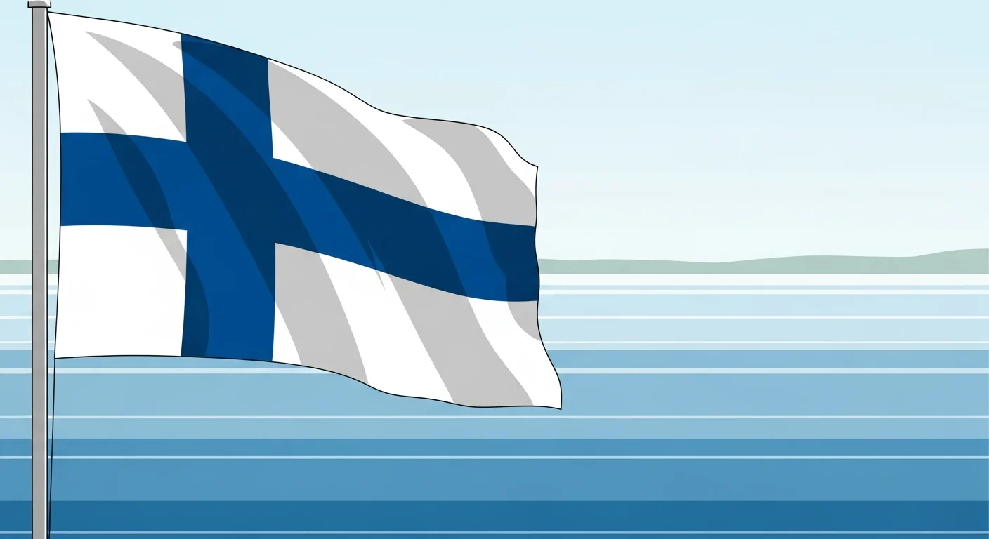 Illustration of a Finnish flag waving gently near a lake.