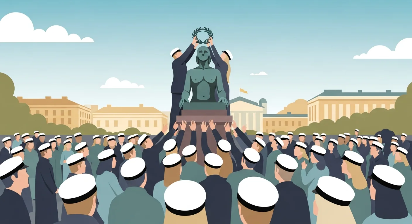 A crowd of people gathered around the Havis Amanda statue in Helsinki, many wearing student caps, as the statue is being crowned.