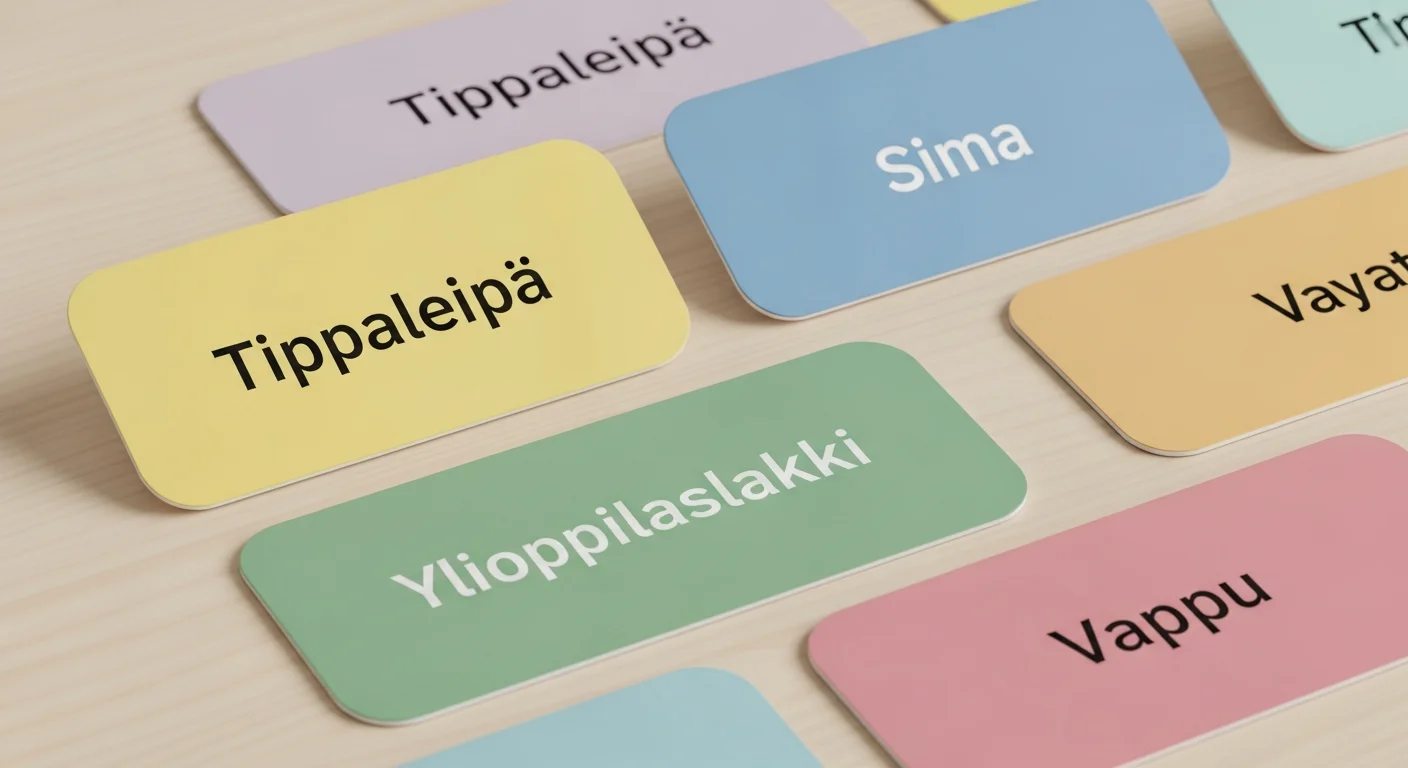 Colorful flashcards showing Finnish words related to Vappu celebrations, such as "Tippaleipä", "Sima", "Ylioppilaslakki", "Vappu".