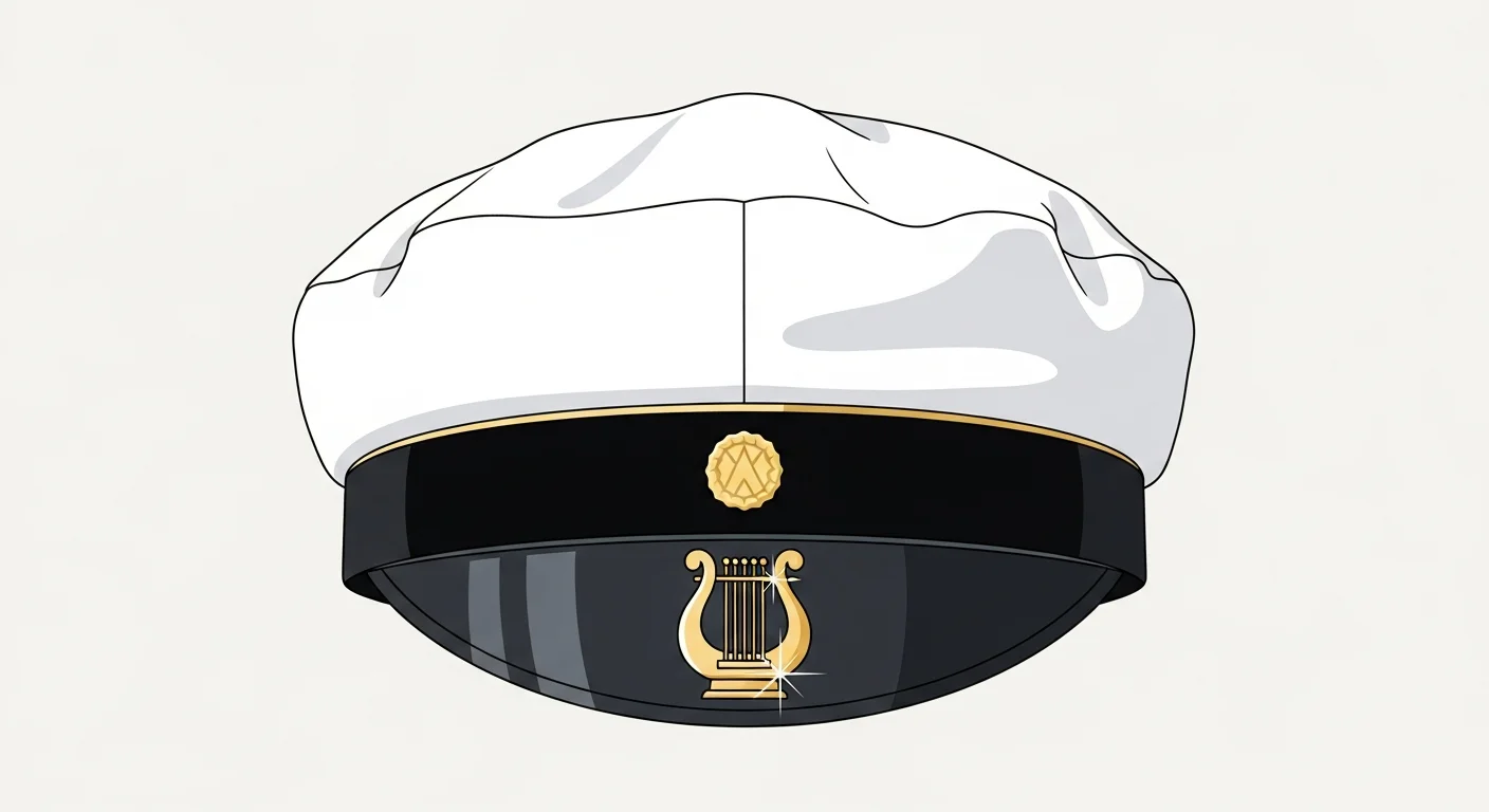 A close-up photo of a traditional Finnish student cap (ylioppilaslakki) with its distinctive black band and gold lyre emblem.