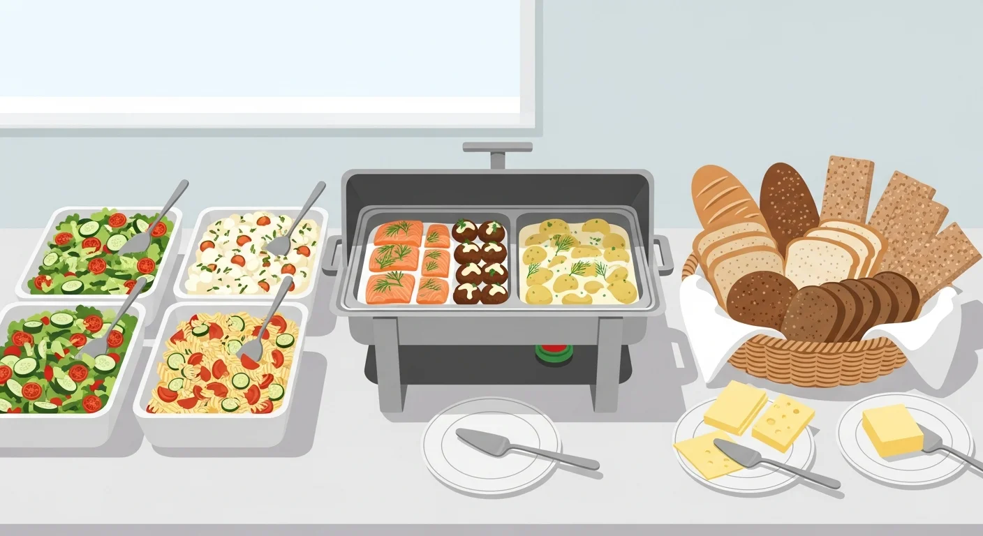 Illustration of a typical Finnish lunch buffet with various salads, hot dishes, and bread.