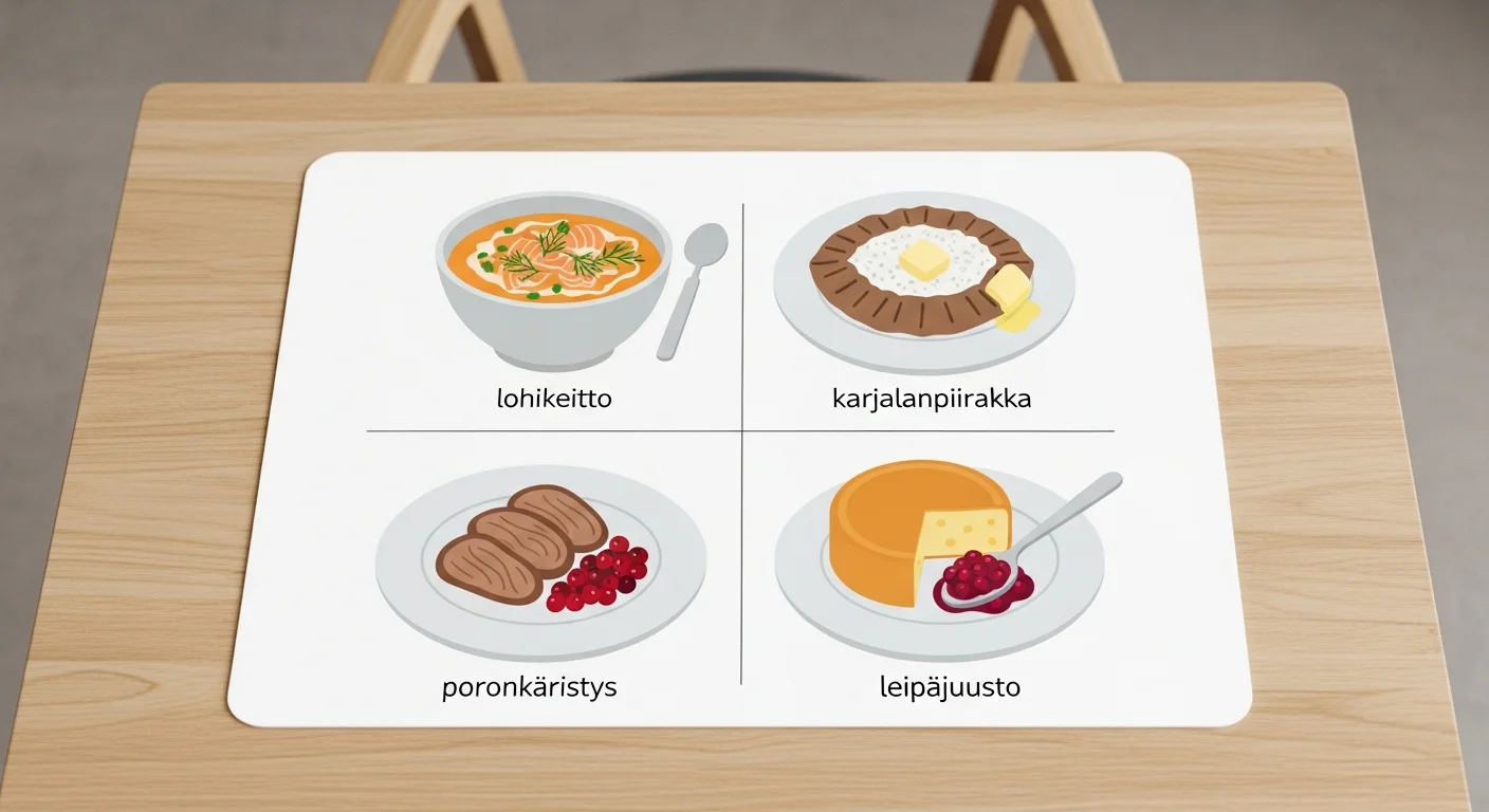 Educational illustration depicting Finnish lunch-related vocabulary, like a menu with pictures.