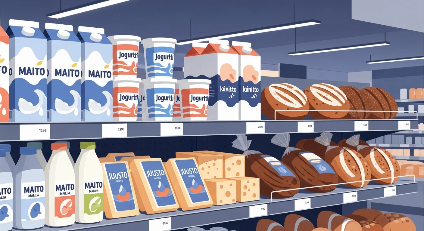 A brightly lit photo of a Finnish grocery store aisle, showcasing a variety of Finnish dairy products and rye bread.