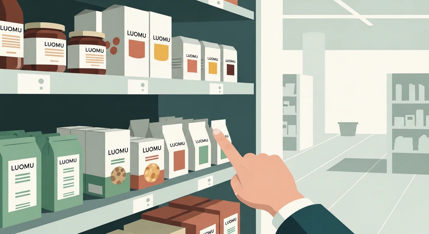 A hand pointing to a shelf of "Luomu" (organic) products in a Finnish grocery store.