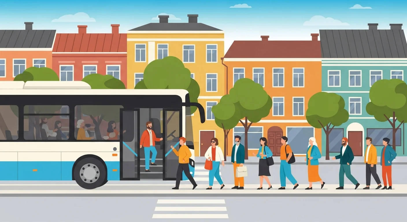 People boarding a Finnish bus, experiencing Finnish culture.