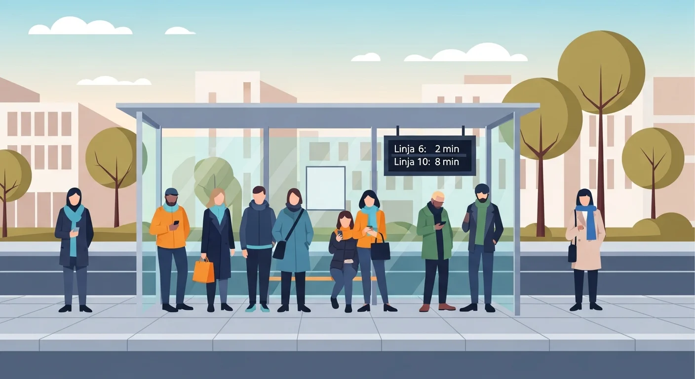 Illustration of a modern Finnish bus stop with a digital display showing arrival times, and people waiting patiently in an orderly fashion.