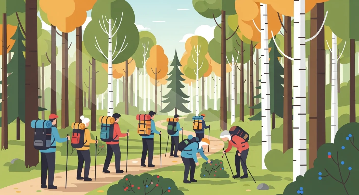 A group of people of various ages hiking through a Finnish forest, some picking berries from bushes.