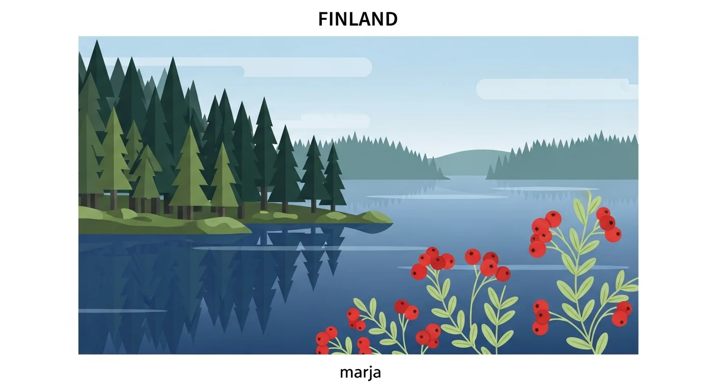 Illustration showing Finnish words related to nature, such as "metsä" (forest), "järvi" (lake), and "marja" (berry), with corresponding pictures.