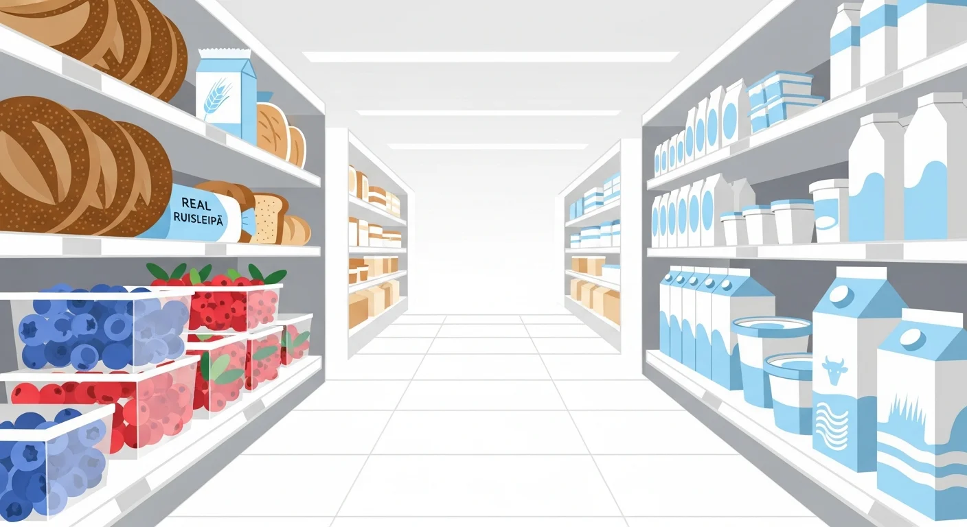 Aisles in a bright and clean S-Market showing various Finnish products like rye bread, berries, and dairy products.
