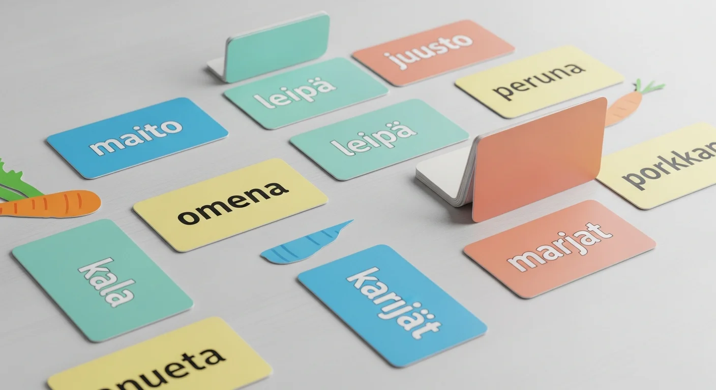 Colorful flashcards with Finnish words for common grocery items like "maito" (milk), "leipä" (bread), "omena" (apple), and "marjat" (berries).