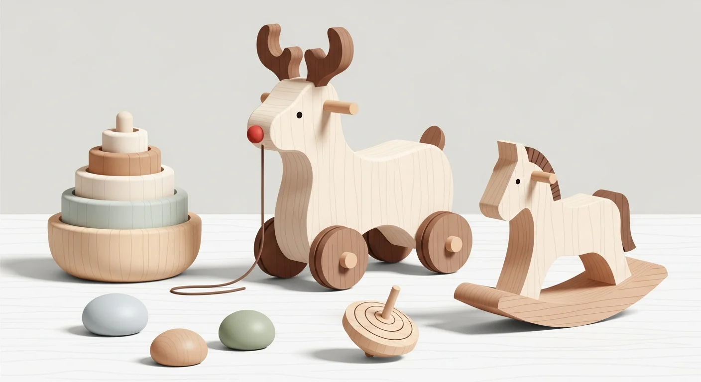 A variety of handcrafted Finnish wooden toys, emphasizing their natural material and simple design