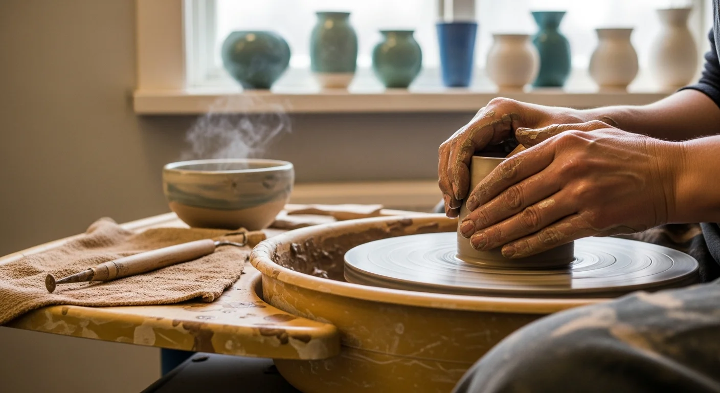 A close-up of a Finnish artisan's hands working on a piece of ceramic pottery