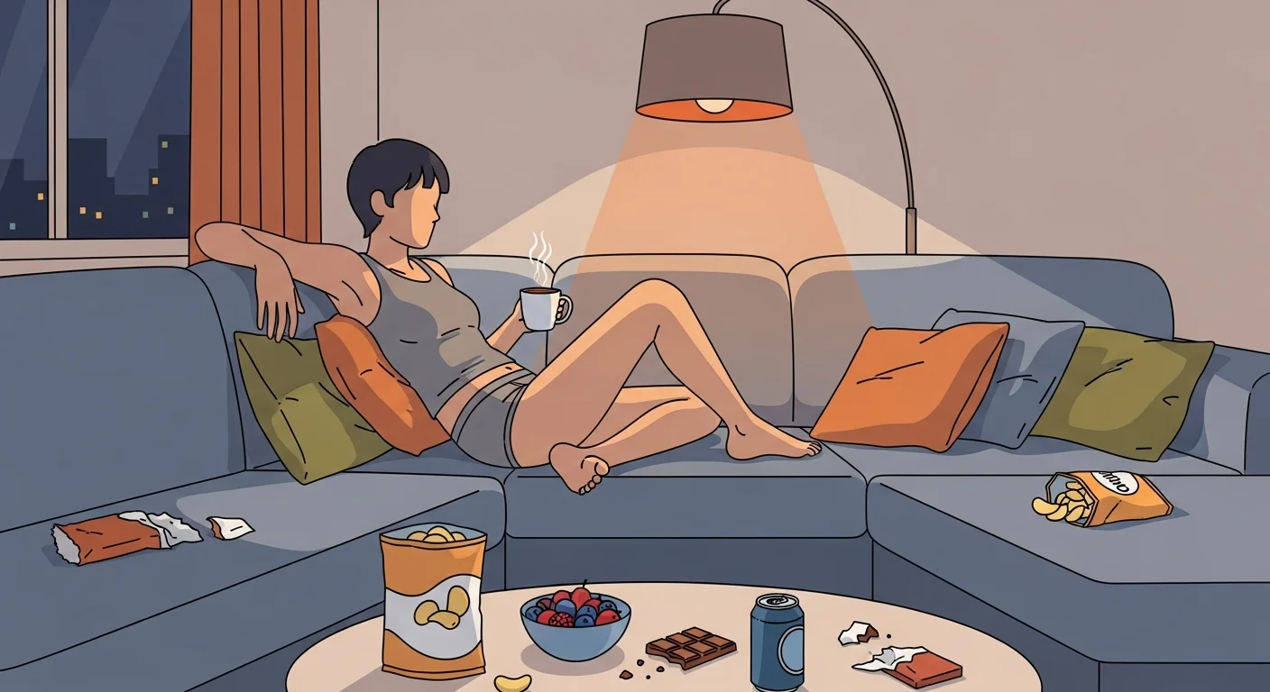 A person relaxing on a sofa in their underwear, surrounded by snacks and drinks in a cozy lit room