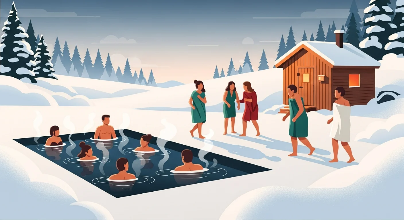 Talviuinti: Winter swimming in a snowy Finnish landscape.