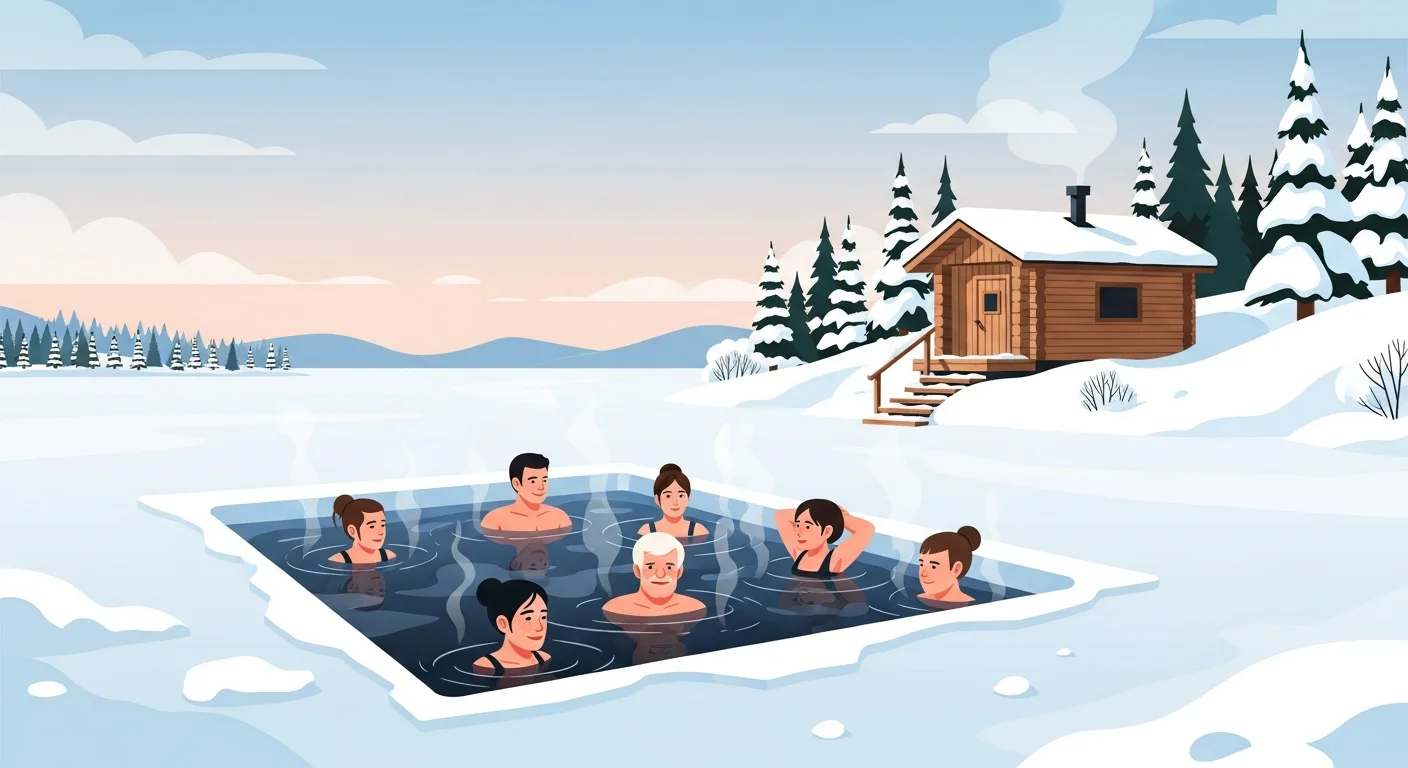 People emerging from an ice hole looking refreshed, with a wooden sauna in the background