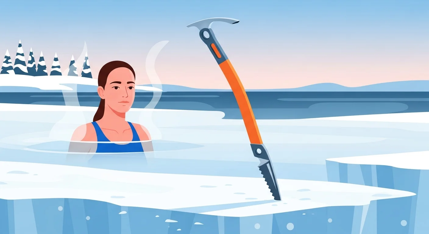 Vocabulary flashcard style illustration showing a Finnish word for ice with an image of an ice axe, and a person in a swimming costume
